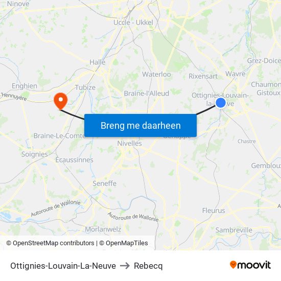 Ottignies-Louvain-La-Neuve to Rebecq map