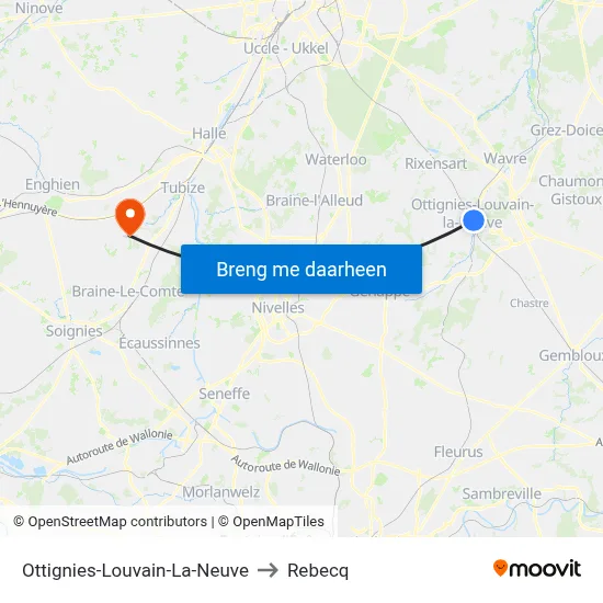 Ottignies-Louvain-La-Neuve to Rebecq map