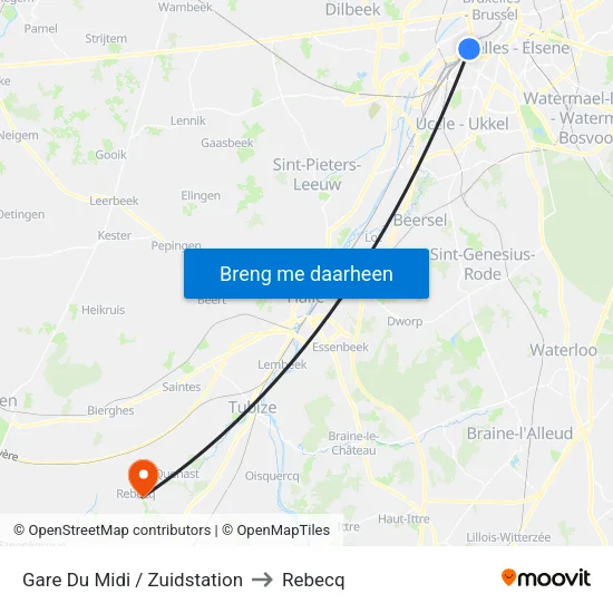 Gare Du Midi / Zuidstation to Rebecq map