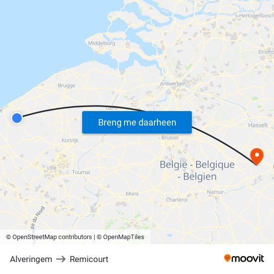 Alveringem to Remicourt map