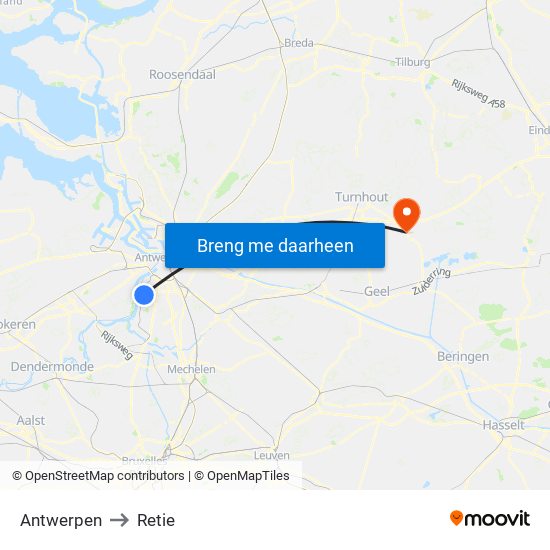 Antwerpen to Retie map