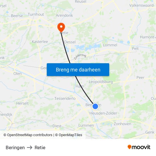 Beringen to Retie map