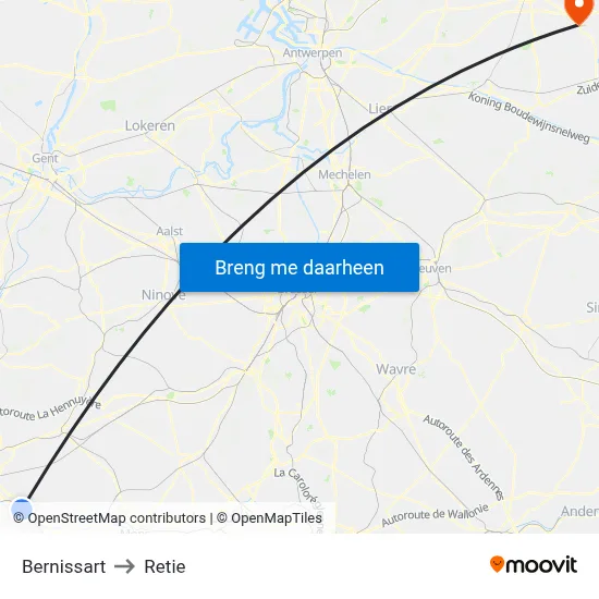 Bernissart to Retie map