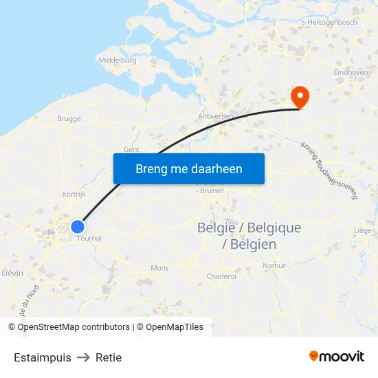 Estaimpuis to Retie map