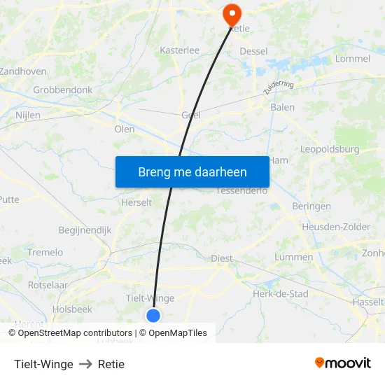 Tielt-Winge to Retie map