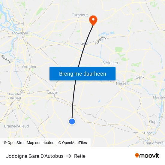 Jodoigne Gare D'Autobus to Retie map