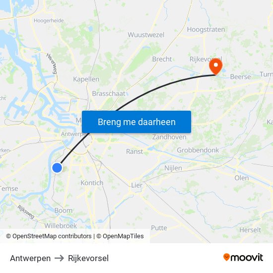 Antwerpen to Rijkevorsel map