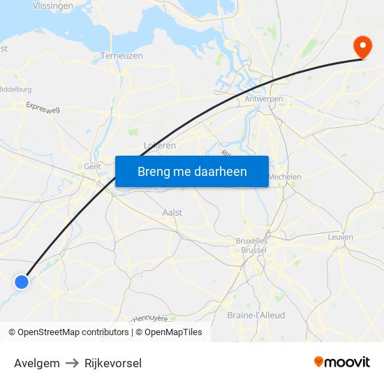 Avelgem to Rijkevorsel map