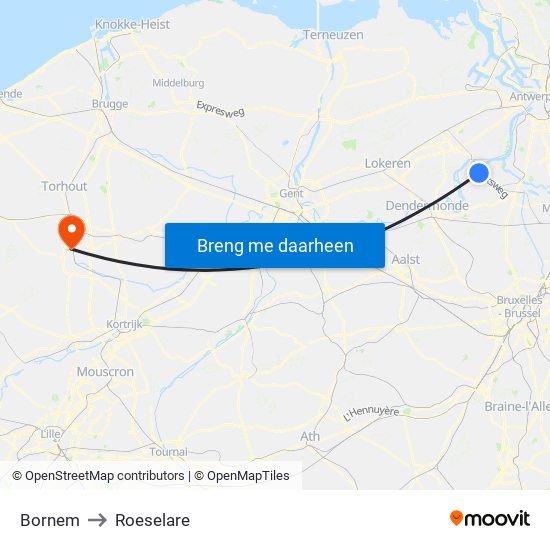 Bornem to Roeselare map