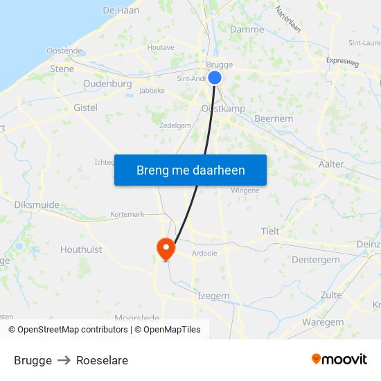 Brugge to Roeselare map