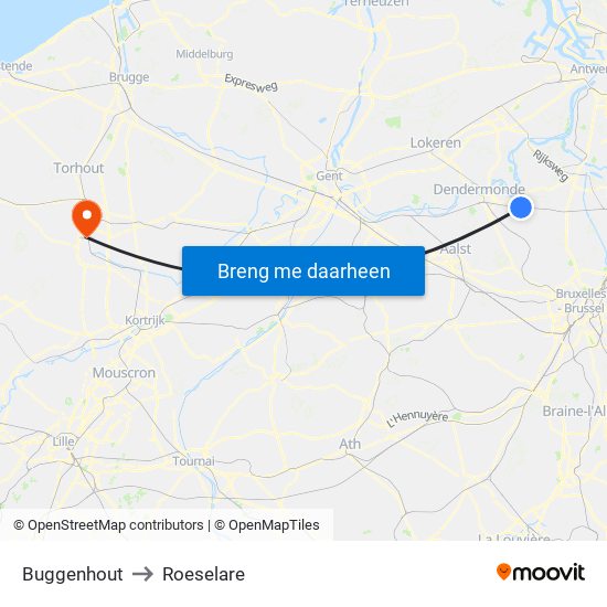 Buggenhout to Roeselare map