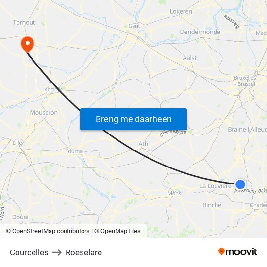 Courcelles to Roeselare map