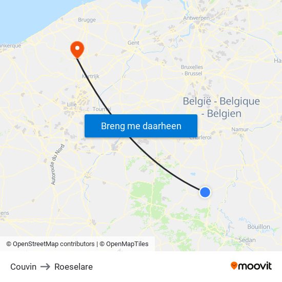 Couvin to Roeselare map
