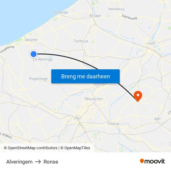 Alveringem to Ronse map