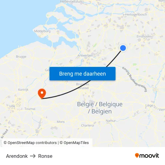Arendonk to Ronse map