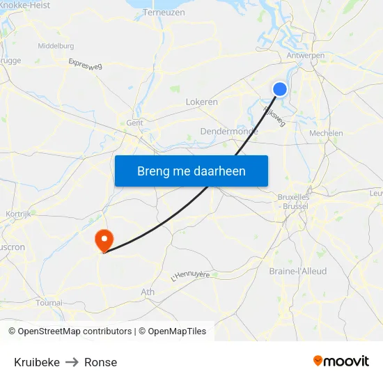 Kruibeke to Ronse map