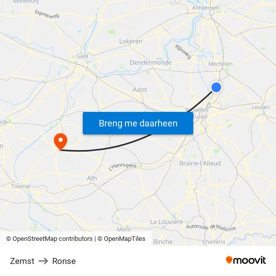 Zemst to Ronse map