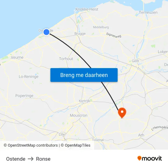 Ostende to Ronse map