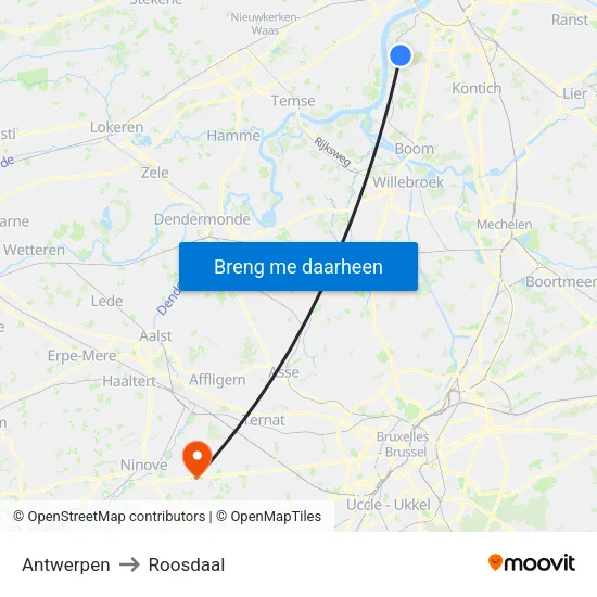 Antwerpen to Roosdaal map