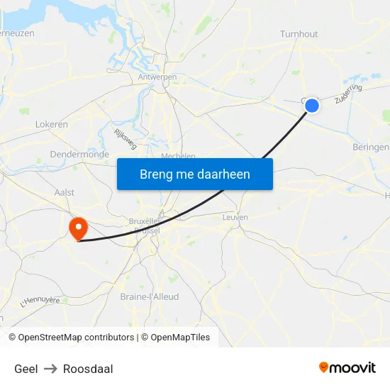 Geel to Roosdaal map