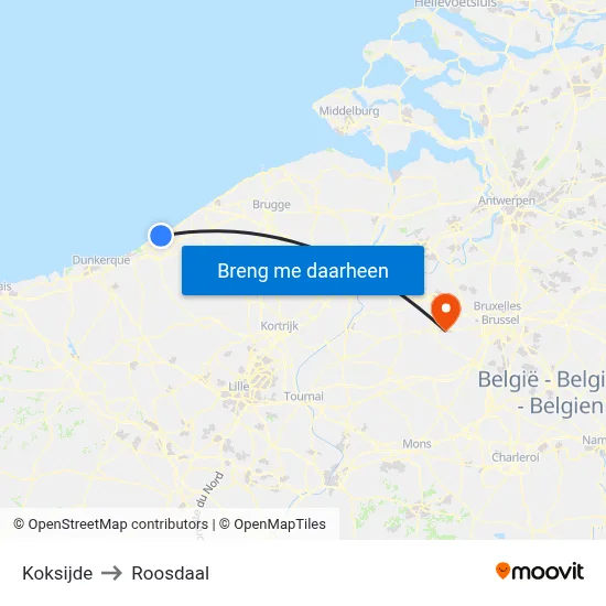 Koksijde to Roosdaal map