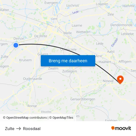 Zulte to Roosdaal map