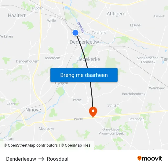 Denderleeuw to Roosdaal map