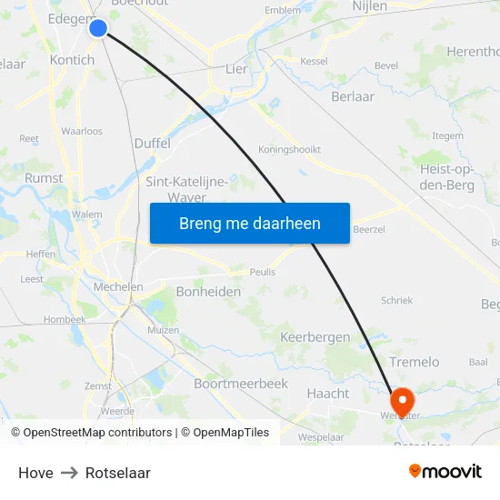 Hove to Rotselaar map