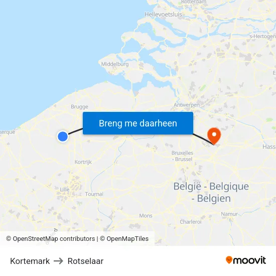 Kortemark to Rotselaar map