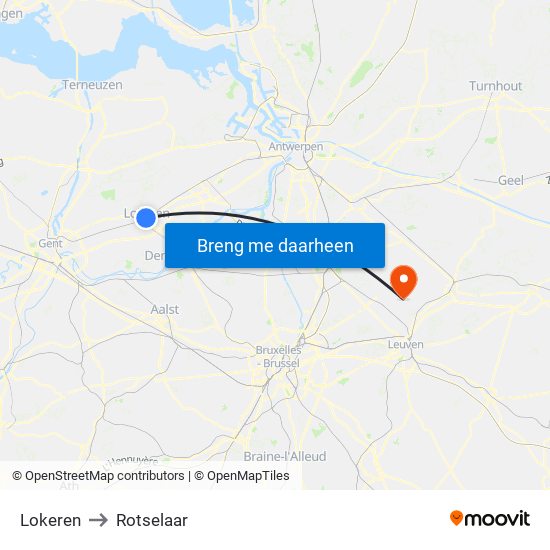 Lokeren to Rotselaar map