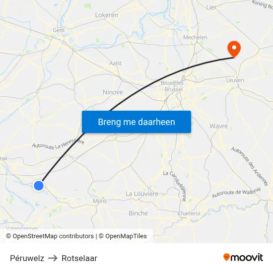 Péruwelz to Rotselaar map