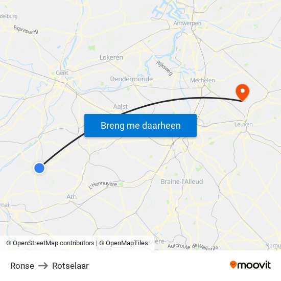 Ronse to Rotselaar map