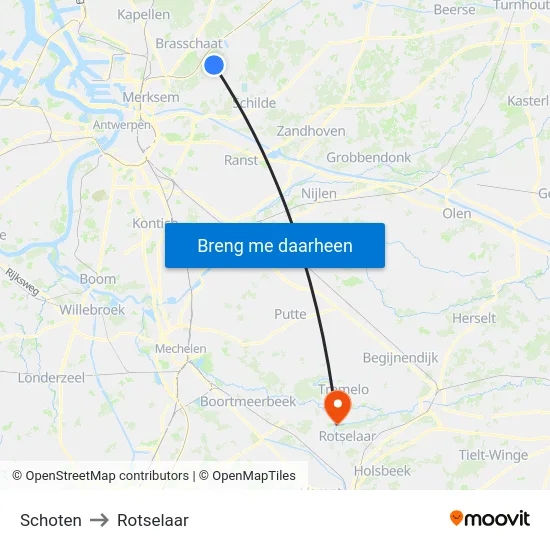 Schoten to Rotselaar map