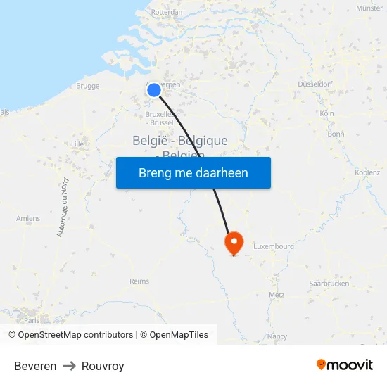 Beveren to Rouvroy map