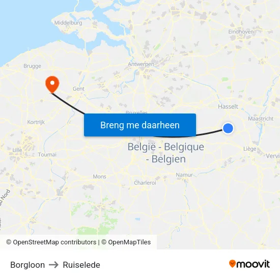 Borgloon to Ruiselede map