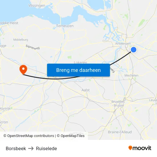 Borsbeek to Ruiselede map