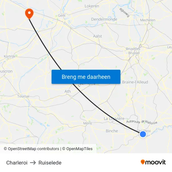 Charleroi to Ruiselede map