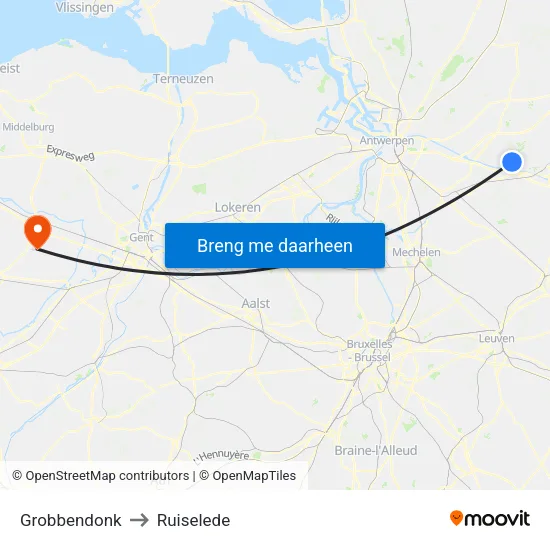 Grobbendonk to Ruiselede map