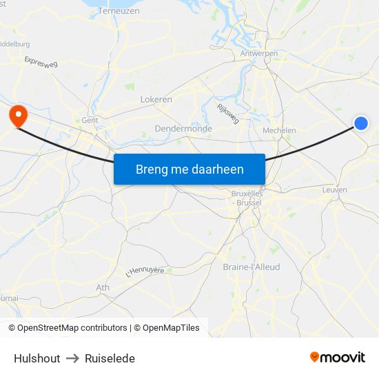Hulshout to Ruiselede map