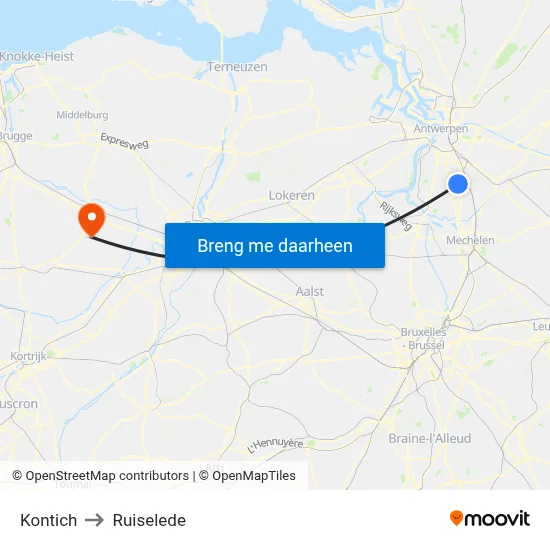 Kontich to Ruiselede map