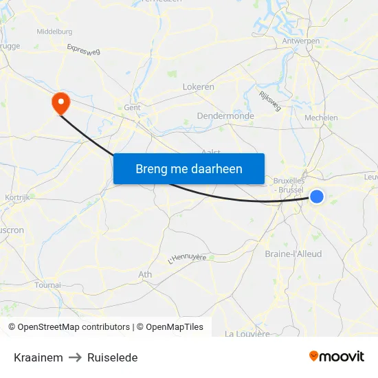Kraainem to Ruiselede map