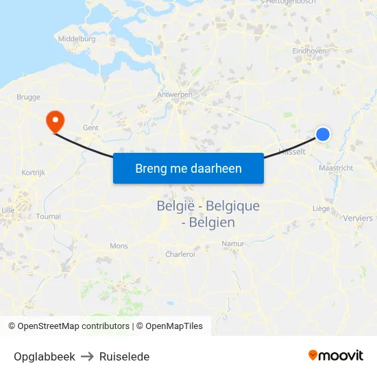 Opglabbeek to Ruiselede map