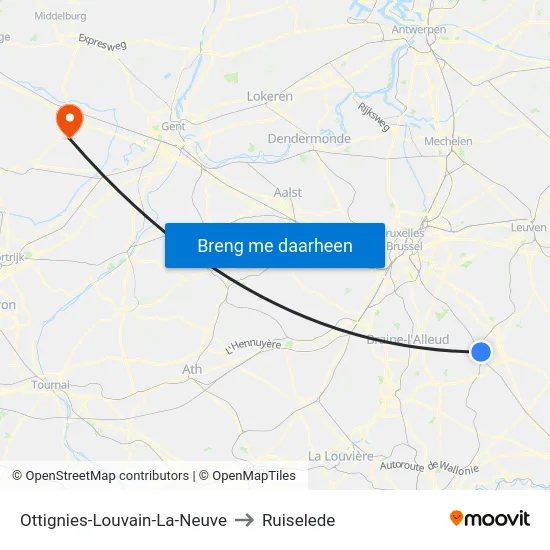 Ottignies-Louvain-La-Neuve to Ruiselede map