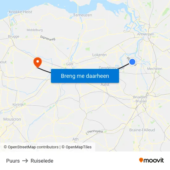 Puurs to Ruiselede map