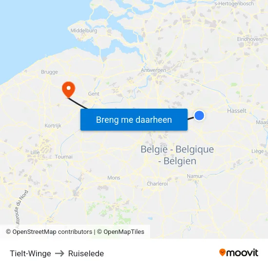Tielt-Winge to Ruiselede map