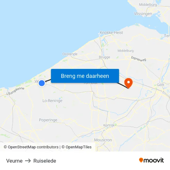 Veurne to Ruiselede map