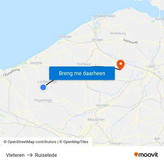 Vleteren to Ruiselede map
