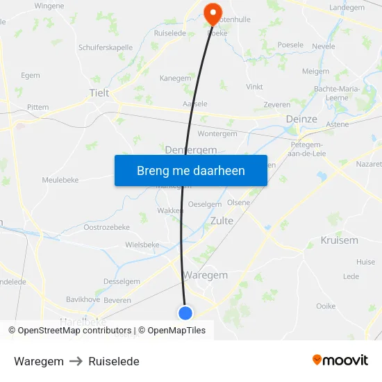 Waregem to Ruiselede map