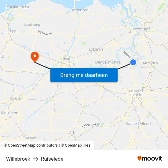 Willebroek to Ruiselede map