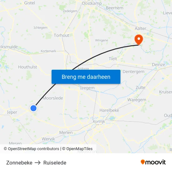 Zonnebeke to Ruiselede map